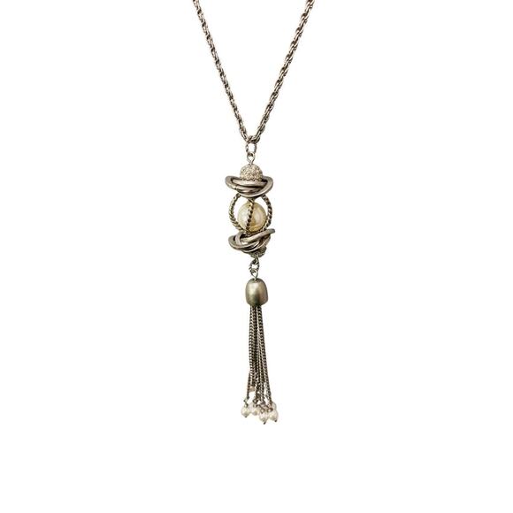 Lia Sophia Silvertone 5" Tassel Necklace 30" Lobster Clasp Sparkle Faux Pearl - Picture 3 of 5